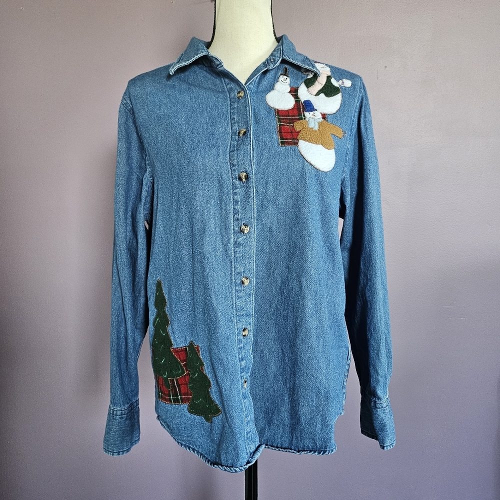 Holiday Editions Christmas Snowman Applique Denim Button Down Shirt